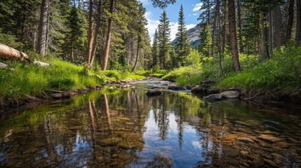 Aufkleber - Serene Forest Scene with Trees Reflecting in Calm Stream Waters Under a Bright Sky