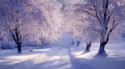 Aufkleber - Winter landscape with frosted trees creating a serene and magical atmosphere in a snowy setting under soft sunlight