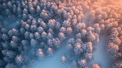 Poster - Snow-covered trees illuminated by sunset light showcasing a serene winter landscape from an aerial perspective.