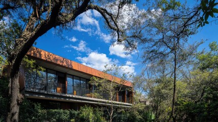 Poster - Treetop view of a modern building under a blue sky with soft focus highlights showcasing nature and architecture harmony