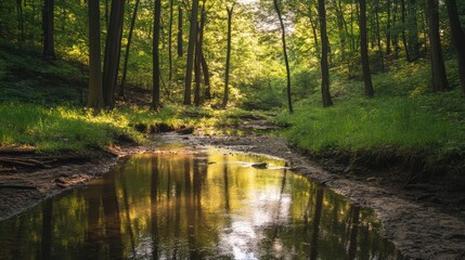 Poster - Sunlit forest scene with trees reflecting in a tranquil creek surrounded by lush greenery creating a peaceful natural environment.