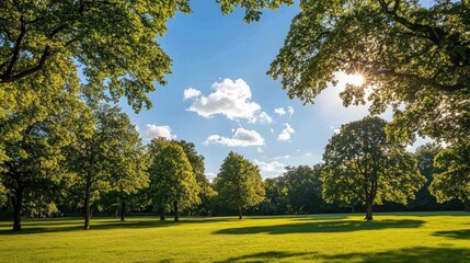 Aufkleber - Serene landscape with lush green trees under a clear blue sky and fluffy clouds on a sunny day in the countryside.