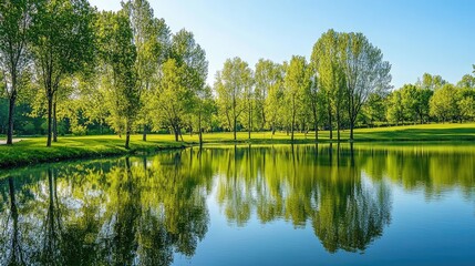 Aufkleber - Serene landscape of lush green trees reflecting in a calm pond under clear blue skies creating a tranquil nature scene
