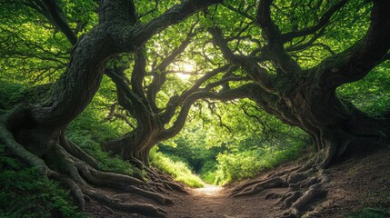 Leinwandbilder - Majestic ancient trees framing a sunlit pathway in a lush forest captured during golden hour tranquility