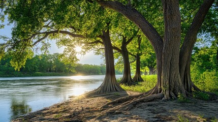 Poster - Trees along a serene riverside at sunrise showcasing lush greenery and tranquil water reflections in a natural landscape setting