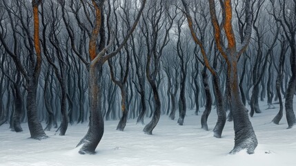 Poster - Twisted Trees in a Snowy Forest Creating a Mystical and Serene Winter Landscape with Bare Branches and Soft Snow Covering the Ground