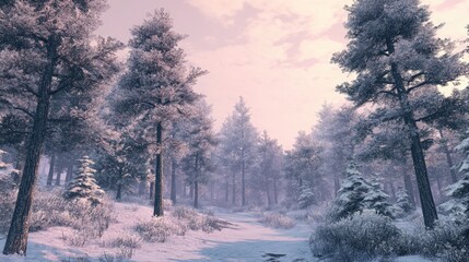 Poster - Majestic winter forest scene with trees laden with snow creating a serene and tranquil atmosphere in a snowy landscape.