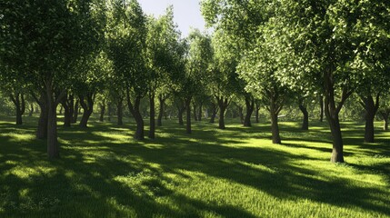 Poster - Lush green trees casting shadows on a sunlit lawn in a serene summer park landscape