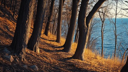 Poster - Serene shoreline trees along Lake Superior showcasing autumn colors and tranquil waters at twilight