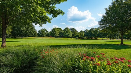 Poster - Lush green park landscape featuring tall grass, trees, vibrant flowers, and a bright blue sky with fluffy clouds.
