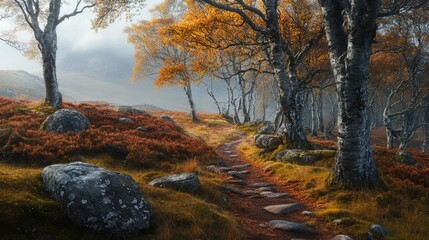 Aufkleber - Autumn forest pathway with vibrant trees colorful foliage and rocky terrain in scenic landscape setting
