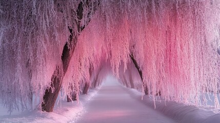 Poster - Winter Wonderland with Frosted Trees in Soft Pink Hues Creating a Serene Pathway Through a Snowy Landscape