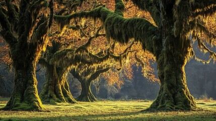 Poster - Mossy old growth trees illuminated by warm sunlight in a tranquil forest setting