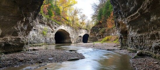 Poster - Tunnels and rocky formations along a tranquil river in a picturesque natural landscape with autumn foliage