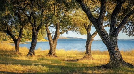 Aufkleber - Trees framing a serene bay view with golden light filtering through leaves and a tranquil shoreline in the background
