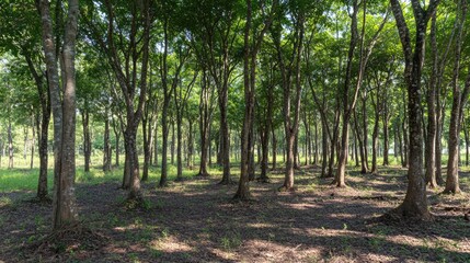 Poster - Serene sunlight filtering through dense tree canopy in tranquil forest setting showcasing nature's beauty and peaceful atmosphere.