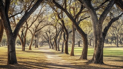 Poster - Serene Pathway Through Autumn Trees in State Park Surrounded by Lush Greenery and Nature's Tranquility