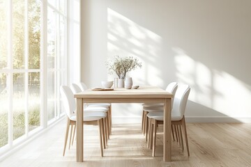 Wall Mural - Bright dining area featuring wooden table, white chairs, and fre