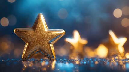 Golden stars on glittering surface, bokeh background.