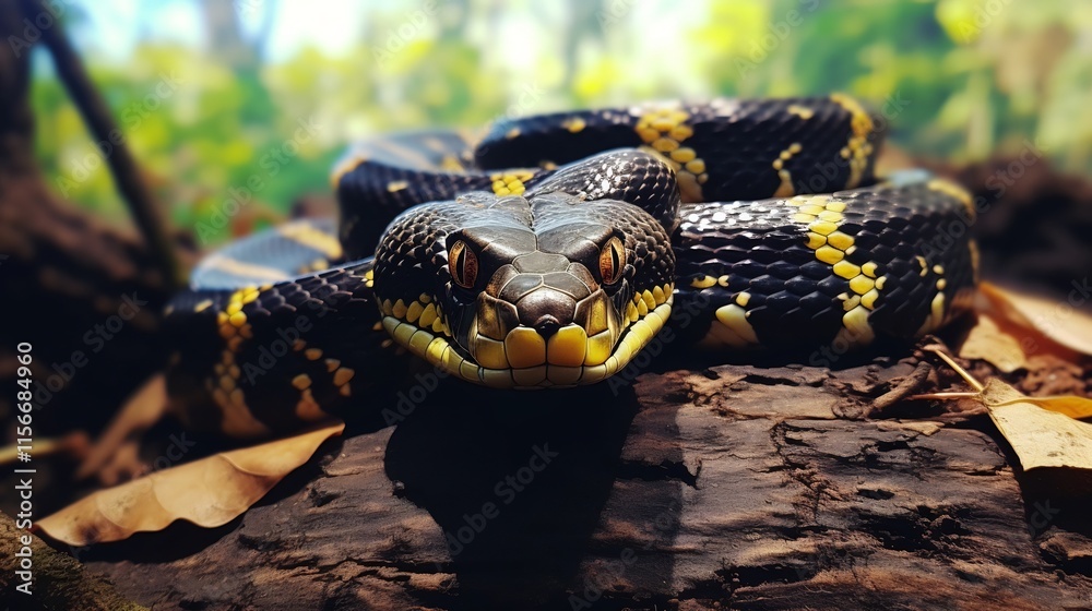 Mangrove Snake Coiled Tightly Around a Tree Root in a Lush Swampy ...