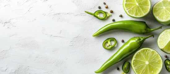 Poster - fresh green chili peppers and lime halves arranged on a white background with ample space for adding