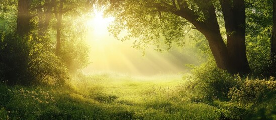 Poster - radiant morning light through forest trees in serene landscape with open space for text