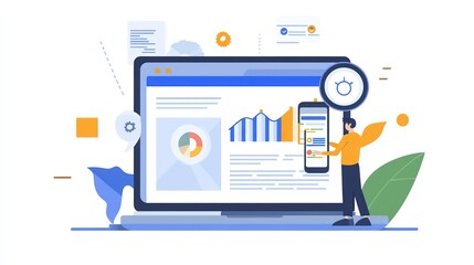 Poster - Data Search Technology Search Engine Optimization concept. Man hand using mobile phone and laptop computer searching information, hd image