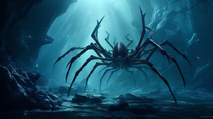 A mysterious sea spider crawling along the intricate textures and patterns of the deep ocean floor revealing the wonders of the underwater world