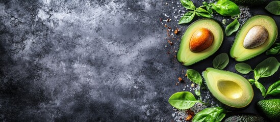Poster - Avocado Halves Surrounded by Fresh Greens on Dark Stone Background Ideal for Health and Nutrition Themes