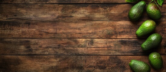 Poster - Ripe Avocados Laying on Rustic Wooden Table with Copy Space for Text and Design Elements