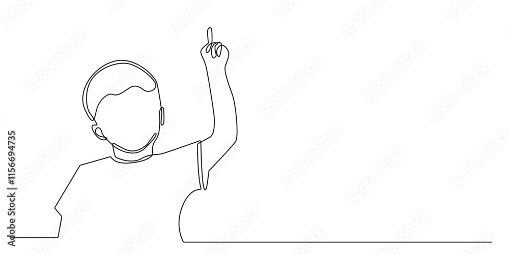continuous line drawing of boy pointing up.one line drawing of boy ...