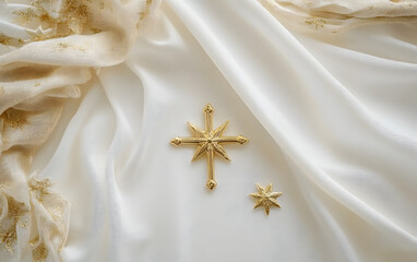 Wall Mural - white fabric frame with golden star and cross.