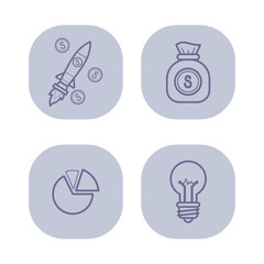 Poster - Startup business line icon set. Rocket launch, light bulb, sack with money, pie diagram. Business, new project, investment concept. Vector illustrations for web design and apps