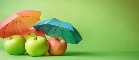 Poster - Colorful umbrellas shielding green apples in a vibrant studio setting with ample space for text and creative design elements.