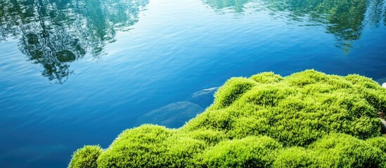 Poster - Tranquil Spa Area Featuring Lush Green Moss by Serene Lake with Crystal Clear Reflections and Ample Space for Text Insertion