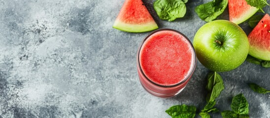 Poster - Refreshing Green Apple and Watermelon Smoothie with Mint on a Textured Background for Vegan and Raw Food Diet Promotion
