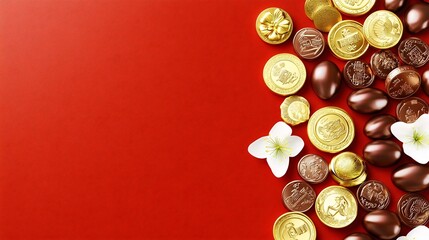 Poster - Elegant 3D of Classic Chinese New Year Symbols like Red Envelopes Firecrackers and Lanterns on a Minimalist Gradient Background with Central Text Placeholder