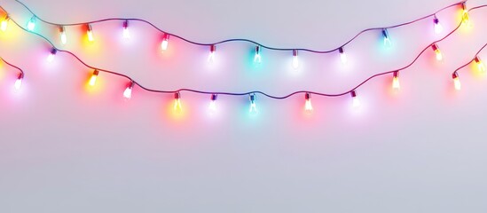 Poster - Colorful glowing neon garlands on a seamless white background with ample copy space for festive text and creative designs