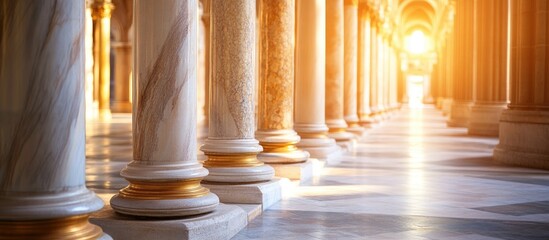Poster - gilded alabaster columns and marble pillars illuminated by golden light creating a serene spiritual 