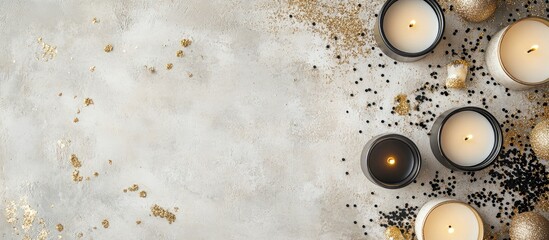 Poster - Elegant Holiday Candle Decor with Glitter Confetti and Copy Space for Greeting Card on Stone Table Flat Lay Top View Background