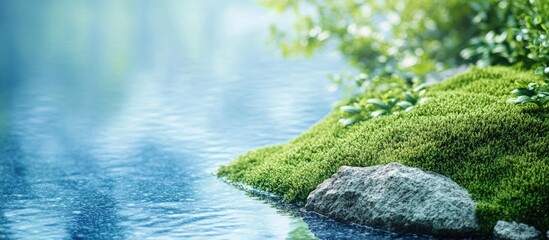 Poster - Serene Lakeside Spa Retreat with Lush Green and Blue Moss Accents and Tranquil Water Reflections for Relaxation and Renewal