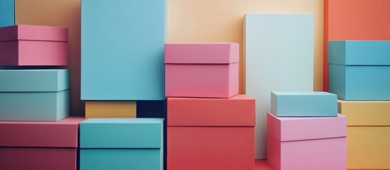Poster - Colorful Gift Boxes Stacked in a Holiday Shop Setting with Blank Space for Promotional Text or Messaging