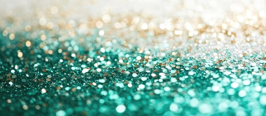 Poster - Elegant green and white gradient background with shimmering golden bokeh lights for springtime luxury design and promotional text space