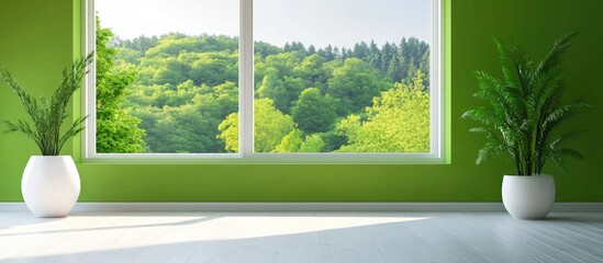 Wall Mural - Bright Green Living Room with Large Window Showcasing Scenic Nature View and Ample Empty Space for Text or Design Elements