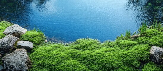 Poster - Serene Green and Blue Moss Spa by Lake Bank with Tranquil Water Reflection and Vacant Space for Text or Branding