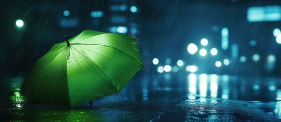 Poster - glowing green umbrella in dark rainy city ambiance with reflections and space for text showcasing ur