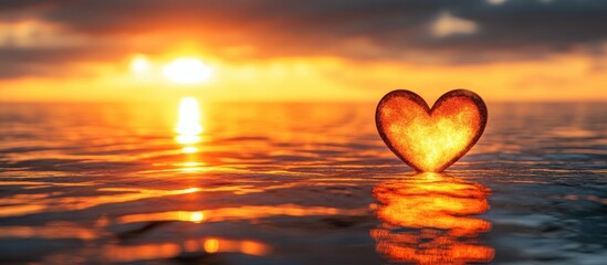 Poster - glowing heart reflection at sunset over water with empty space for custom text or messaging