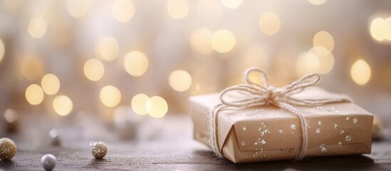Poster - Gift Wrapped Cardboard Box with Twine and Soft Bokeh Background Ideal for Holiday Promotions and Copy Space for Custom Text
