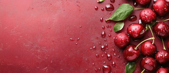 Poster - fresh cherries with water droplets on red surface creating a vibrant and refreshing background with 