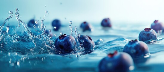 Poster - Blueberries splashing in ocean water against aqua backdrop with floating berries and ample space for text or advertising message.